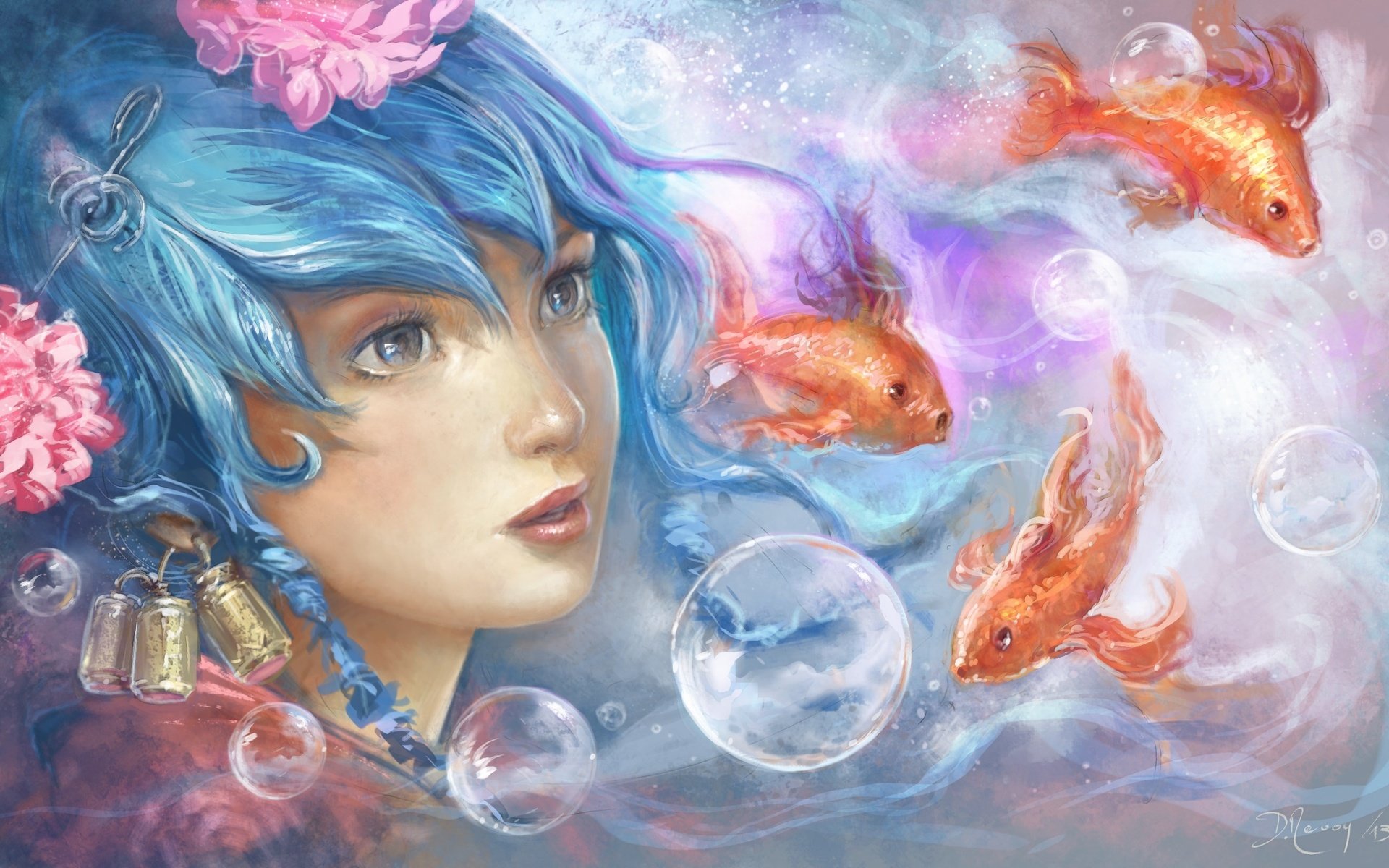 Обои глаза, голубые волосы, арт, вода, девушка, взгляд, рыбки, живопись, пузырьки, eyes, blue hair, art, water, girl, look, fish, painting, bubbles разрешение 2386x1437 Загрузить