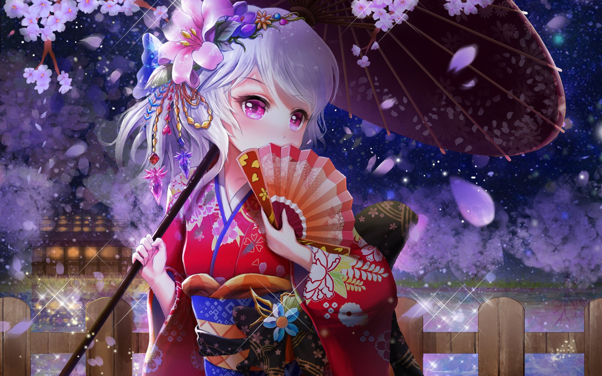 Обои цветение, аниме, зонт, сакура, кимоно, веер, юката, flowering, anime, umbrella, sakura, kimono, fan, yukata разрешение 2079x1605 Загрузить