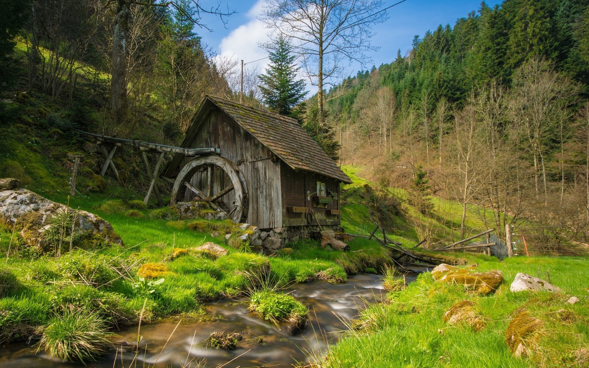 Обои трава, природа, ручей, мельница, водяная мельница, grass, nature, stream, mill, water mill разрешение 3000x2000 Загрузить