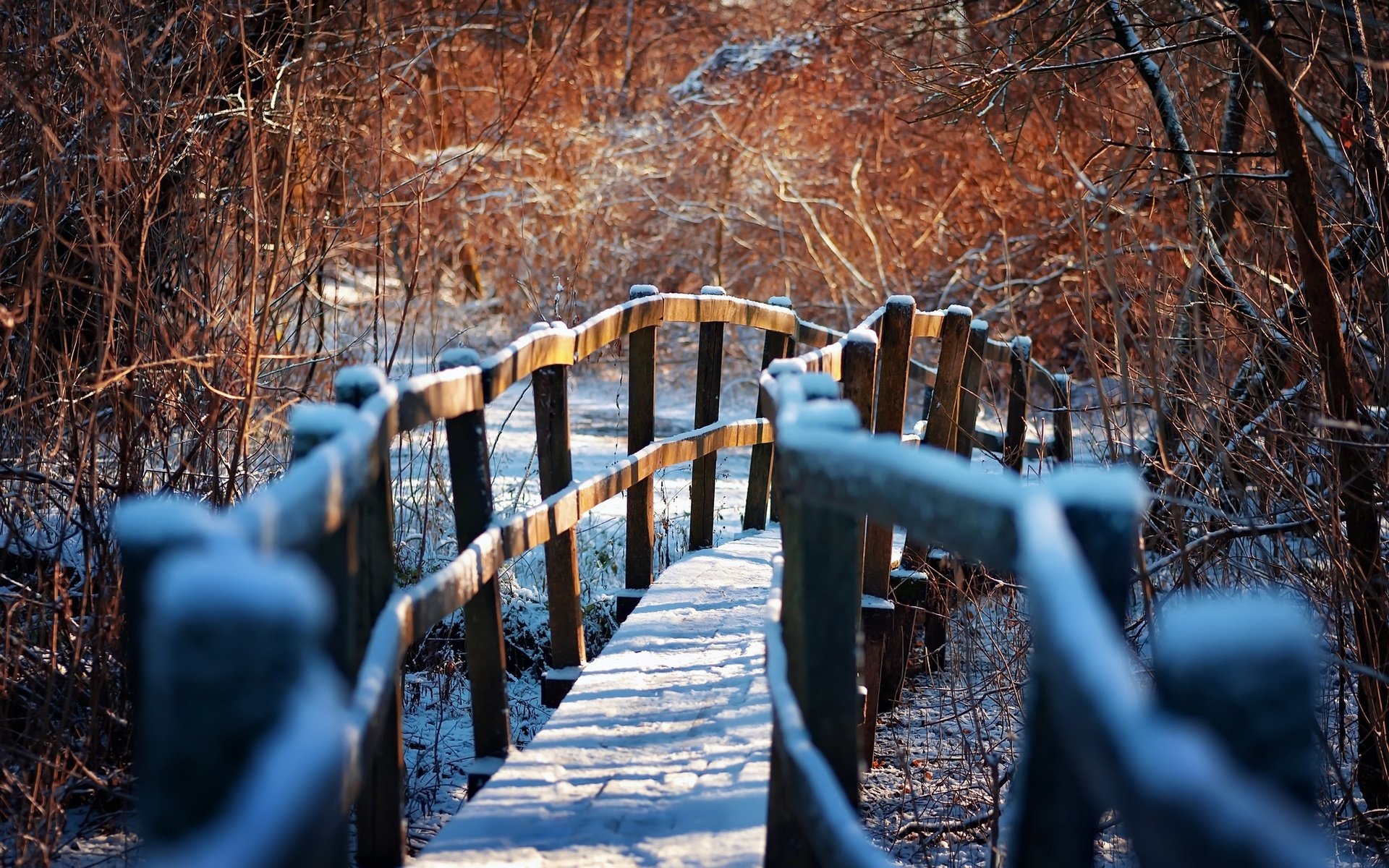 Обои зима, тропа, деревянный мост, winter, trail, wooden bridge разрешение 2048x1363 Загрузить
