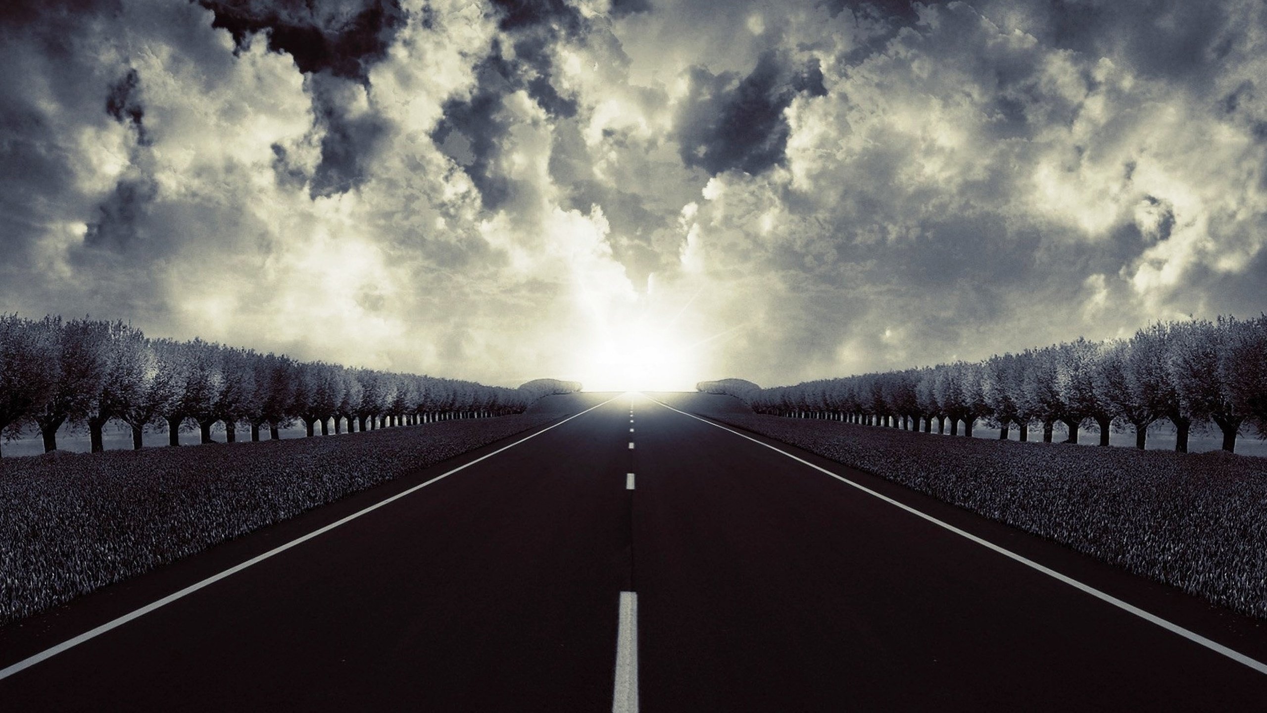 Обои дорога, облака, деревья, горизонт, дорожная разметка, road, clouds, trees, horizon, road markings разрешение 3000x1844 Загрузить