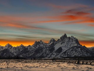 Обои облака, горы, снег, природа, закат, зима, пейзаж, clouds, mountains, snow, nature, sunset, winter, landscape разрешение 1920x1080 Загрузить