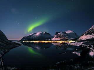 Обои ночь, горы, зима, северное сияние, night, mountains, winter, northern lights разрешение 2560x1600 Загрузить