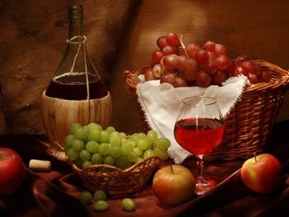 Обои виноград, яблоки, бокал, корзина, вино, бутылка, вина, grapes, apples, glass, basket, wine, bottle разрешение 1920x1080 Загрузить