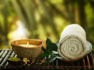 Обои фон, веточка, свеча, полотенце, спа, морская соль, фикус, background, sprig, candle, towel, spa, sea salt, ficus разрешение 3869x3101 Загрузить