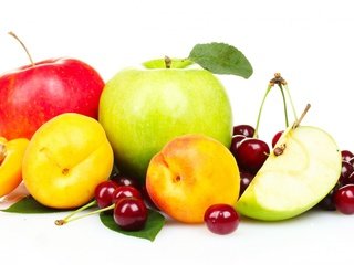 Обои фрукты, яблоки, черешня, ягоды, персики, fruit, apples, cherry, berries, peaches разрешение 1920x1200 Загрузить