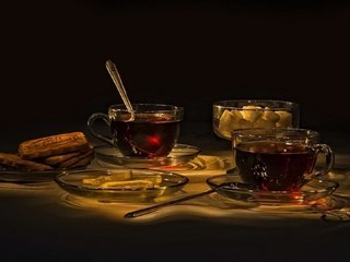 Обои лимон, чай, чашки, печенье, натюрморт, ложки, lemon, tea, cup, cookies, still life, spoon разрешение 1933x1080 Загрузить