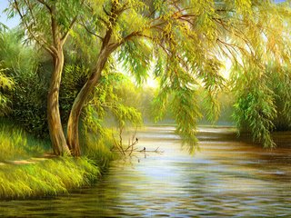 Обои деревья, природа, зелено, птицы, живопись, холст, trees, nature, green, birds, painting, canvas разрешение 3088x2000 Загрузить