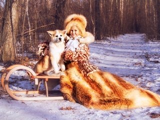 Обои зима, собака, сани, девочка, шапка, шуба, winter, dog, sleigh, girl, hat, coat разрешение 1920x1229 Загрузить