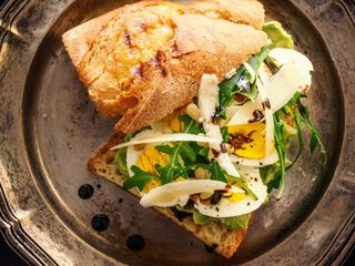 Обои бутерброд, сыр, яйца, тарелка, булочка, руккола, sandwich, cheese, eggs, plate, bun, arugula разрешение 1920x1200 Загрузить