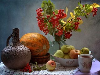 Обои яблоки, чашка, чай, кувшин, тыква, натюрморт, рябина, apples, cup, tea, pitcher, pumpkin, still life, rowan разрешение 1920x1243 Загрузить