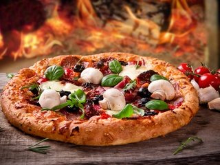 Обои грибы, сыр, пицца, брынза, ветчина, быстрое питание, боровики, mushrooms, cheese, pizza, ham, fast food разрешение 2880x2127 Загрузить