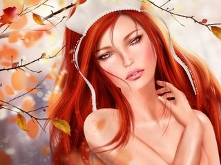 Обои листья, девушка, осень, рыжая, leaves, girl, autumn, red разрешение 3000x1804 Загрузить