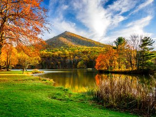 Обои трава, деревья, озеро, гора, осень, grass, trees, lake, mountain, autumn разрешение 3000x1991 Загрузить