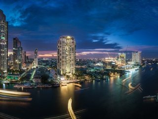 Обои река, небоскребы, ночной город, здания, таиланд, бангкок, river, skyscrapers, night city, building, thailand, bangkok разрешение 2048x1126 Загрузить