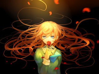 Обои девушка, роза, взгляд, аниме, волосы, черный фон, лицо, girl, rose, look, anime, hair, black background, face разрешение 3436x2480 Загрузить