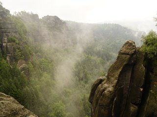 Обои деревья, скалы, природа, туман, долина, trees, rocks, nature, fog, valley разрешение 6000x4000 Загрузить