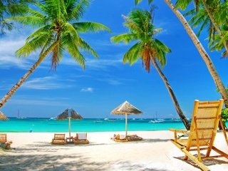 Обои море, песок, пляж, пальмы, отдых, зонтики, sea, sand, beach, palm trees, stay, umbrellas разрешение 3840x2400 Загрузить