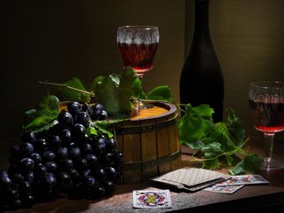 Обои стиль, натюрморт, виноград, карты, дом, вино, бутылка, бокалы, гроздь, style, still life, grapes, card, house, wine, bottle, glasses, bunch разрешение 2112x1188 Загрузить