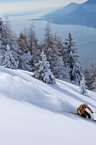 Обои снег, спуск, лыжник, лыжи, экстрим, snow, the descent, skier, ski, extreme разрешение 1920x1080 Загрузить