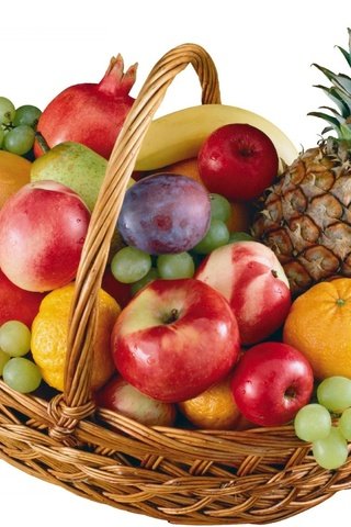 Обои виноград, ананас, фрукты, груша, яблоки, нектарин, апельсины, слива, корзина, гранаты, белый фон, мандарины, бананы, grapes, pineapple, fruit, pear, apples, nectarine, oranges, drain, basket, grenades, white background, tangerines, bananas разрешение 1920x1522 Загрузить
