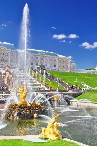 Обои фонтан, россия, дворец, санкт-петербург, петергоф, петродворец, fountain, russia, palace, saint petersburg, peterhof, petrodvorets разрешение 3500x2186 Загрузить