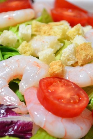 Обои овощи, помидоры, салат, морепродукты, креветки, сухарики, vegetables, tomatoes, salad, seafood, shrimp, crackers разрешение 1920x1271 Загрузить