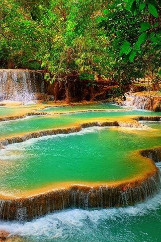 Обои деревья, скалы, природа, лес, водопад, лаос, kuang si waterfall, trees, rocks, nature, forest, waterfall, laos разрешение 2880x1920 Загрузить