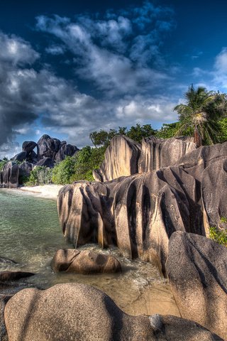 Обои скалы, камни, берег, пейзаж, море, пальмы, сейшелы, сейшельские острова, rocks, stones, shore, landscape, sea, palm trees, seychelles разрешение 5598x3723 Загрузить