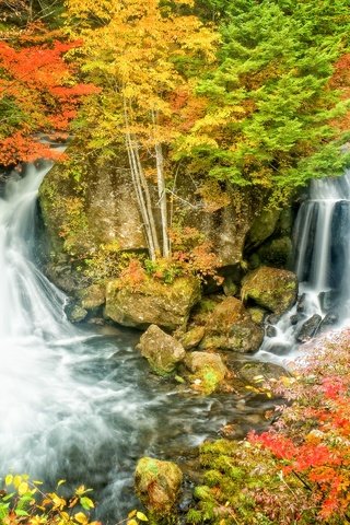 Обои скалы, пейзаж, водопад, осень, япония, rocks, landscape, waterfall, autumn, japan разрешение 2880x1920 Загрузить