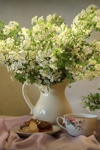 Обои букет, кувшин, пирожное, спирея, bouquet, pitcher, cake, spiraea разрешение 1920x1349 Загрузить