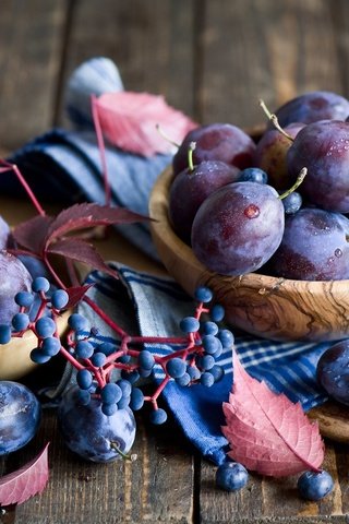 Обои фрукты, стол, ягоды, черника, натюрморт, миска, слива, fruit, table, berries, blueberries, still life, bowl, drain разрешение 2000x1331 Загрузить