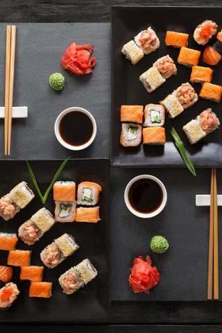 Обои японская еда, палочки, соус, суши, роллы, вассаби, имбирь, набор, japanese food, sticks, sauce, sushi, rolls, wasabi, ginger, set разрешение 5410x3548 Загрузить