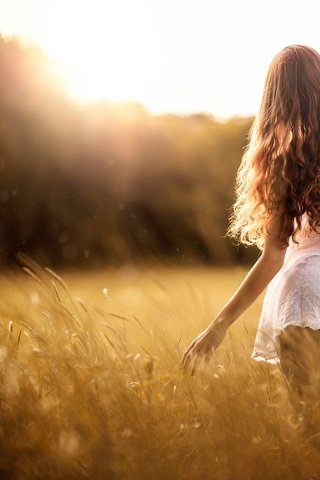 Обои небо, трава, девушка, платье, поле, лето, спина, волосы, the sky, grass, girl, dress, field, summer, back, hair разрешение 2048x1367 Загрузить