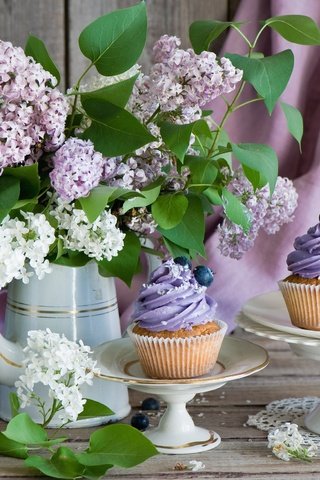 Обои цветы, пирожное, букет, кексы, черника, крем, ваза, сладкое, сирень, десерт, натюрморт, flowers, cake, bouquet, cupcakes, blueberries, cream, vase, sweet, lilac, dessert, still life разрешение 2560x1671 Загрузить