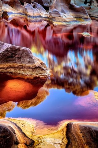 Обои река, природа, отражение, пейзаж, каньон, испания, рельеф, rio tinto, river, nature, reflection, landscape, canyon, spain, relief разрешение 2048x1156 Загрузить