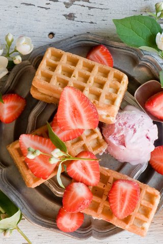 Обои мороженое, клубника, ягоды, вафли, жасмин, ice cream, strawberry, berries, waffles, jasmine разрешение 4192x2776 Загрузить