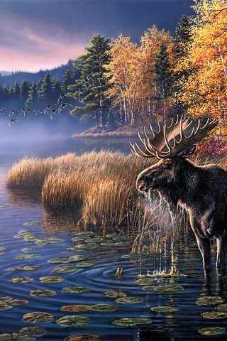 Обои арт, озеро, туман, рассвет, осень, птицы, цапля, лось, art, lake, fog, dawn, autumn, birds, heron, moose разрешение 3510x2237 Загрузить
