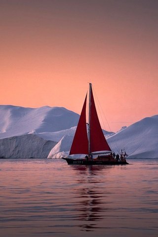 Обои закат, море, яхта, льды, гренландия, айсберги, sunset, sea, yacht, ice, greenland, icebergs разрешение 2048x1152 Загрузить