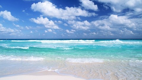 Обои облака, вода, волны, песок, океан, отдых, clouds, water, wave, sand, the ocean, stay разрешение 1920x1200 Загрузить