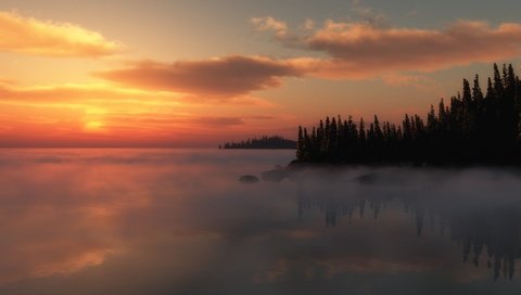 Обои небо, облака, деревья, озеро, закат, туман, горизонт, the sky, clouds, trees, lake, sunset, fog, horizon разрешение 1920x1200 Загрузить