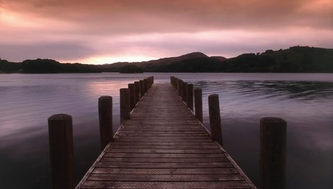 Обои озеро, холмы, закат, причал, lake, hills, sunset, pier разрешение 1920x1200 Загрузить