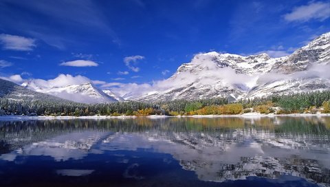 Обои горы, снег, вершины, горное озеро, mountains, snow, tops, mountain lake разрешение 1920x1200 Загрузить