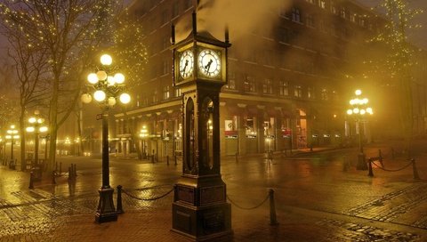 Обои ночь, туман, город, часы, фонарь, ванкувер, британская колумбия, фонари(, night, fog, the city, watch, lantern, vancouver, british columbia, lights( разрешение 1920x1080 Загрузить