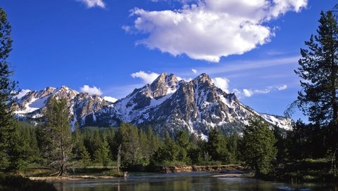 Обои небо, облака, вода, горы, лес, the sky, clouds, water, mountains, forest разрешение 1920x1080 Загрузить