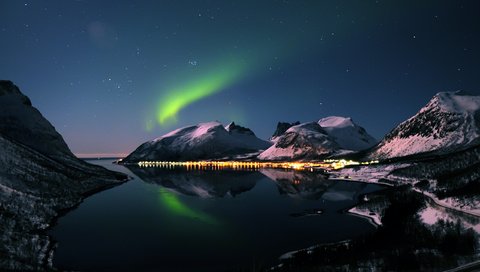 Обои ночь, горы, зима, северное сияние, night, mountains, winter, northern lights разрешение 2560x1600 Загрузить