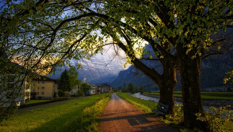 Обои дорога, деревья, вечер, швейцария, весна, road, trees, the evening, switzerland, spring разрешение 2560x1600 Загрузить