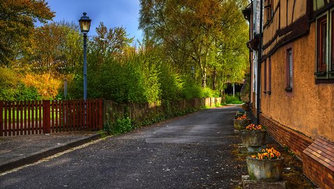 Обои деревья, осень, забор, улица, дом, фонарь, trees, autumn, the fence, street, house, lantern разрешение 1920x1200 Загрузить