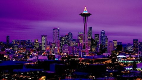 Обои панорама, ночной город, сиэтл, panorama, night city, seattle разрешение 3200x1200 Загрузить