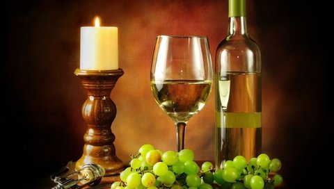 Обои виноград, бокал, вино, свеча, бутылка, белое вино, штопор, grapes, glass, wine, candle, bottle, white wine, corkscrew разрешение 2560x1600 Загрузить